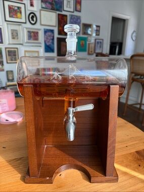 Glass Barrel Beverage Dispenser with Wood Stand - Amber Liquid